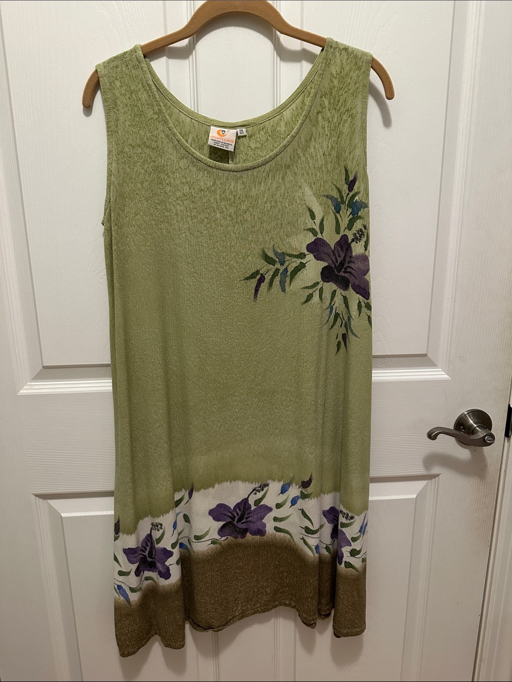 Sleeveless Olive Green Midi Dress with Purple Floral Trim